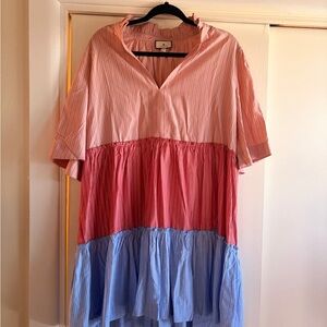 Crawford Colorblock Tiered V-Neck Dress in Pink, Coral & Blue